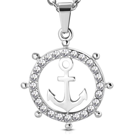 Stainless Steel Anchor Pendant with Halo of Cubic Zirconias - Click Image to Close